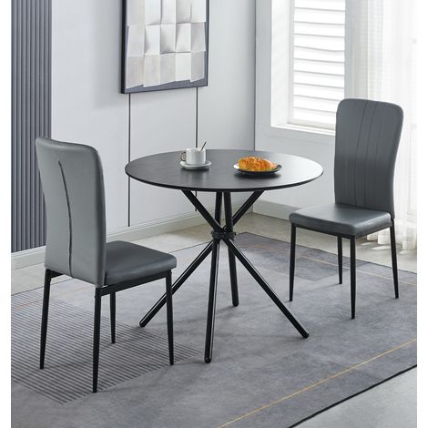 Hallowood Furniture Cullompton Small Dining Table and 2 Chairs, Black Wooden Effect Top Round Table 2 Chairs in Light Grey Faux Leather Upholstery, Modern Dining Room Sets for Home and Cafe (1/5)