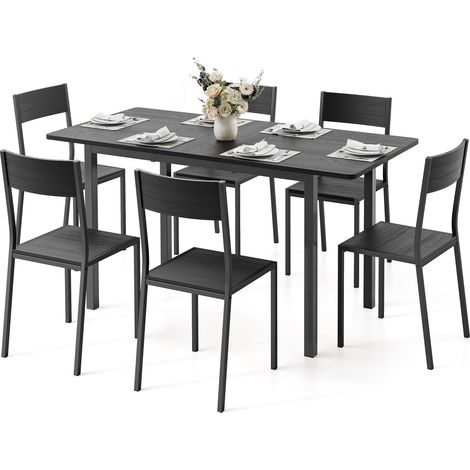 Tisch und Stuhlset Bealife Esstisch Küchentisch Set mit 6 Stühlen 1 Ausziehbaren Esstisch mit Metallrahmen für Wohnzimmer Esszimmer Küche Schwarz 140 x 70 x 77 cm