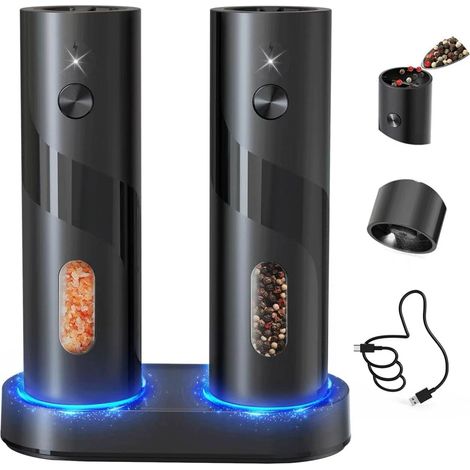 Moulin à Sel et Poivre Rechargeable - Chargeur USB Intégré - Réglage de la Mouture en 5 Positions - Capacité 110 ml - Éclairage LED - Pour Cuisine Intérieure et Extérieure - Lot de 2 (1/5)