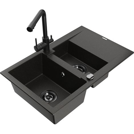 Mexen Gaspar lavello in granito 1,5 vasche con sgocciolatoio e miscelatore da cucina Duero, nero/oro - 6507-75-671600-70-B (1/5)