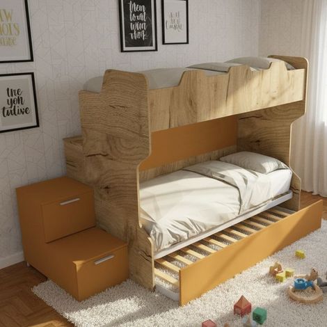 Letto a castello salvaspazio con scala a cassettoni e camminatoio - Quercia e zolfo