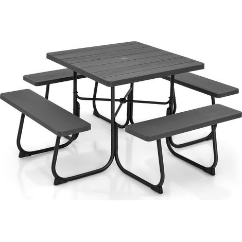 Ensemble table de pique-nique avec 4 bancs intégrés 170 x 170 x 76 cm usage extérieur stable en métal noir