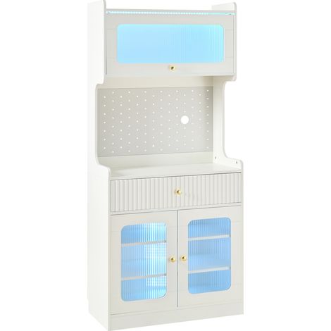 Vitrina alta blanca con estantes ajustables, cajones, LED y cristal estriado, 80x40x180 cm (1/5)