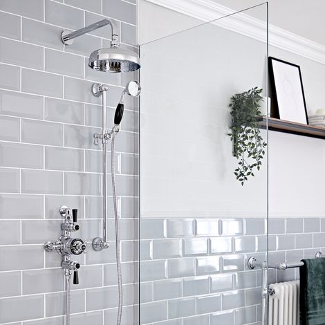 Hudson Reed Elizabeth - Kit de douche rétro - Mitigeur thermostatique exposé à double fonctions&44 Pommeau pluie rond de 20 cm et Kit douchette sur rampe - Chromé et Noir (1/5)