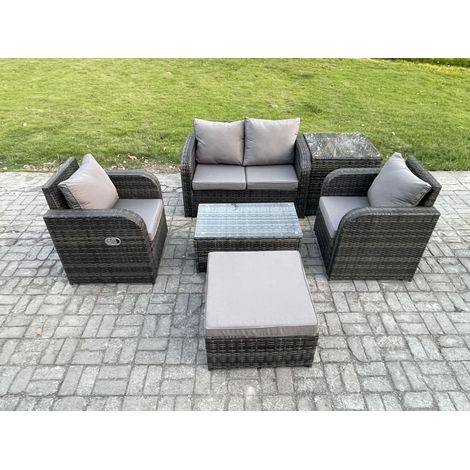 Fimous 6 PC Outdoor PE Rattan Gartenmöbel Set Wicker Liebe Sofa Couchtisch 2 Sessel Großer Fußhocker Beistelltisch Dunkelgrau Gemischt (1/5)