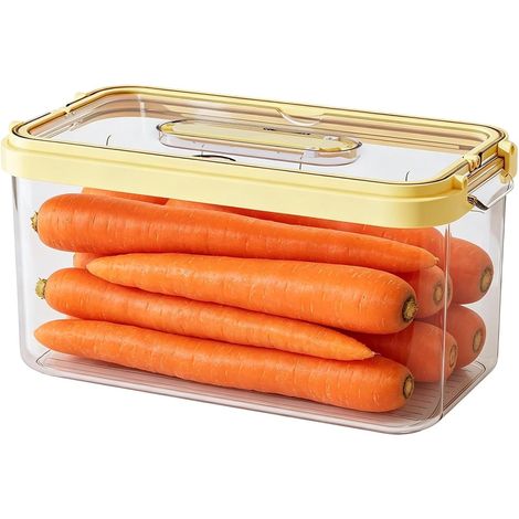 Grand récipient de conservation transparent pour réfrigérateur avec couvercle jaune et grille d'égouttage, boîte hermétique de conservation de la fraîcheur 32x17x16cm pour fruits et légumes (1/5)
