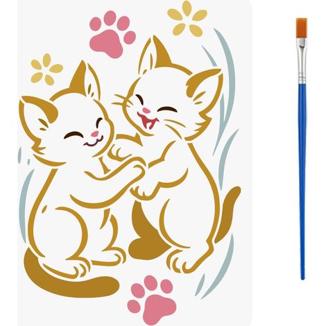 Pochoir Petit Chat Avec 1Pc Pinceau 21x29.7cm Réutilisable Pochoir Petit Chat Mignon Modèle Thème Animal pour Peinture sur Bois Mur Meuble DIY Décoration Maison (1/5)