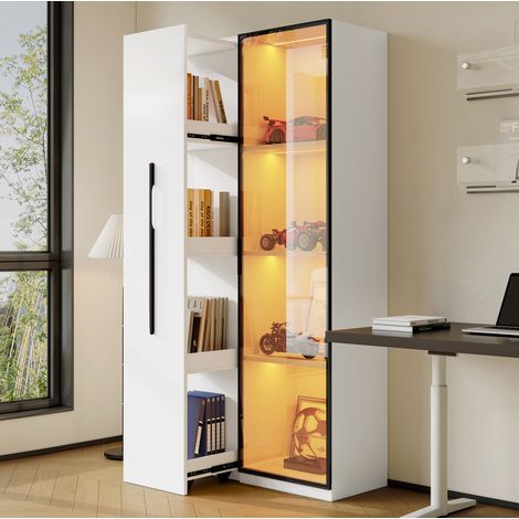 MEUBLIV Vitrina 110,5x35x160 cm negra y blanca con LED, puerta de cristal y almacenaje deslizante (1/5)
