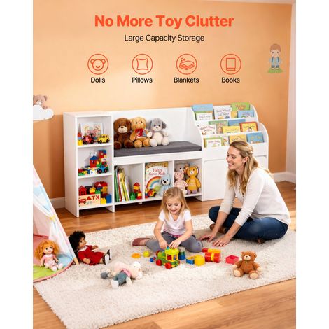 Banc de rangement pour enfants 170 x 40 x 80 cm, bibliothèque en bois avec rangement de jouets, banc de lecture avec dossier, grand… (1/5)