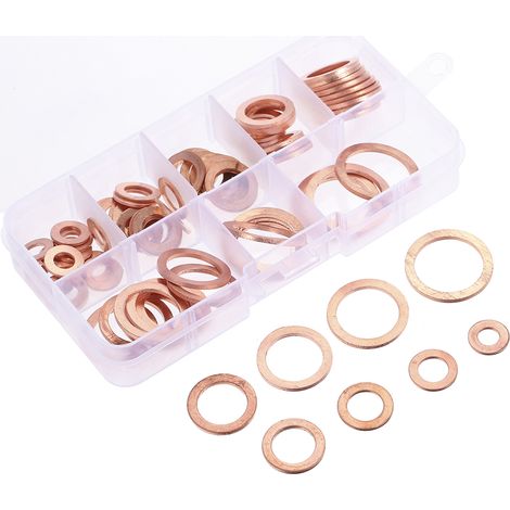 Kit de 80 rondelles d'étanchéité plates en cuivre massif (8 tailles, M6 à M20) pour accessoires de quincaillerie, avec boîte. (1/5)
