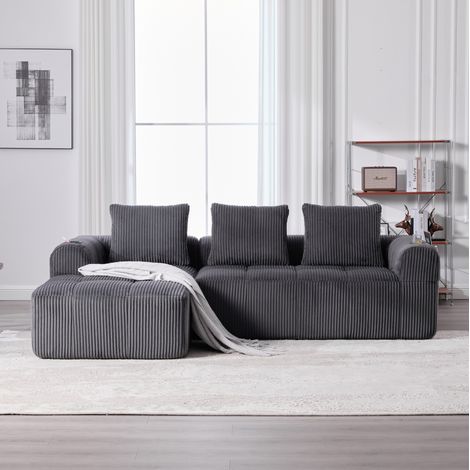 FloraGrace canapé modulable Cord 253 x 158 x 61 cm, velours côtelé, 3 coussins, poches latérales, porte gobelets, gris foncé (1/5)