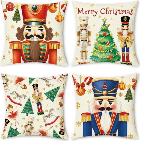 Fundas de cojín de lino con diseño de Cascanueces, juego de 4 (45 x 45 cm), decoración clásica para Navidad, decoración festiva para sofá, cama o sillón. (1/4)