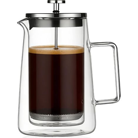 Cafetière à piston en verre - 113 x 102 x 220 mm - En acier inoxydable - French Press 1 l - Transparent - Pour la maison, le bureau et le café - Design thermique à double paroi - Fabriquée à (1/5)