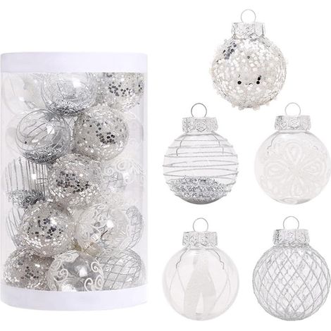 Lot de 25 boules de Noël argent et blanc de 6 cm, incassables, décorations sapin, fêtes et mariages (1/5)