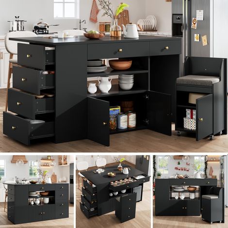 Îlot de cuisine, buffet avec tabourets de bar, meuble de cuisine à 6 tiroirs avec tabourets, largeur réglable 140 x 40 (70) x 89 cm, blanc/noir