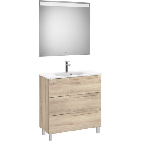 MUEBLE LAVABO 800MM ALEYDA CON PATAS COMPACTO 3 CAJONES + ESPEJO BEIGE MADERA