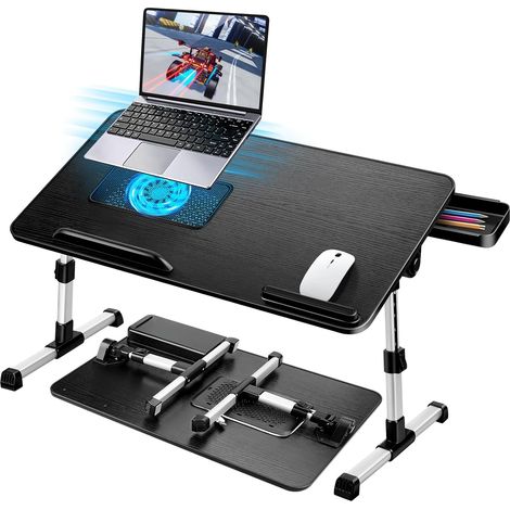 Table de Lit pour Ordinateur Portable, Pliable, Réglable en Hauteur et Angle, Plateau de Lit avec Tiroir/Refroidisseur PC Portable, Table pour Lit/Canapé/Sol (60 x 34 cm, Noir) (1/5)