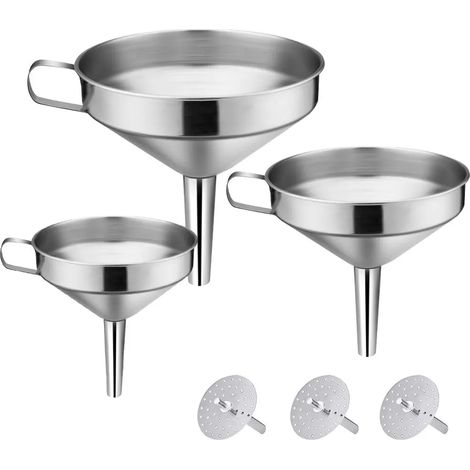 Ensemble d'entonnoirs à filtre en acier inoxydable - 3 entonnoirs avec poignée / 1 filtre - pour transférer des liquides/ingrédients secs/poudres (1/4)