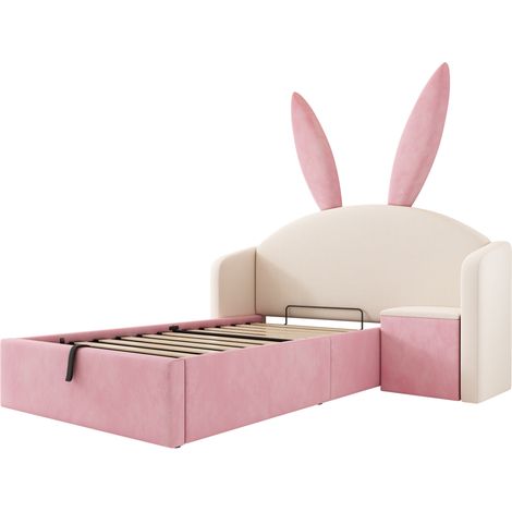 Letto per bambini 90x200 cm in velluto beige e rosa con contenitore idraulico e comodino (1/5)