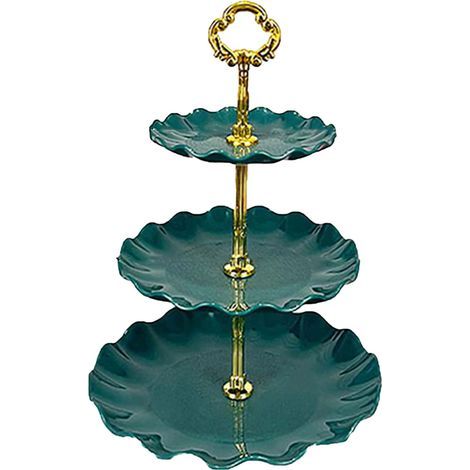 Plateau à fruits à 3 étages style nordique, présentoir à gâteaux en plastique vert foncé, idéal pour les fêtes et les desserts. (1/5)
