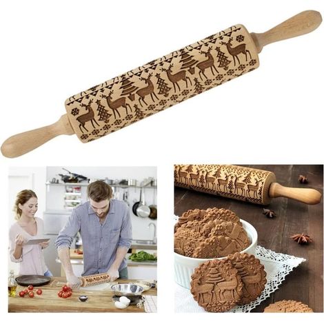 Rodillo de madera navideño, rodillo para repostería, utensilio de cocina, accesorio para hornear, llamativo, estable y duradero, temática navideña, 38 cm x 5 cm (1/5)
