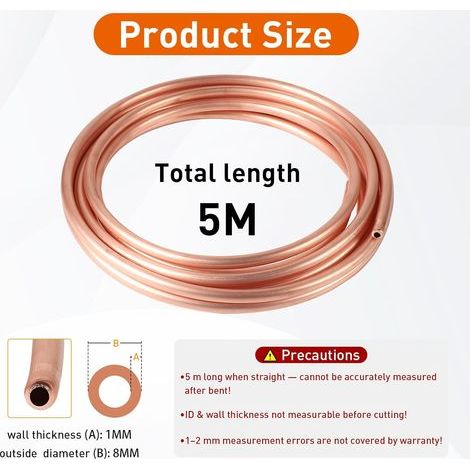Tube rond en cuivre souple - Longueur : 5 m - Diamètre : 8 mm - Épaisseur : 1 mm - Pour générateurs, rails, appareils de commutation