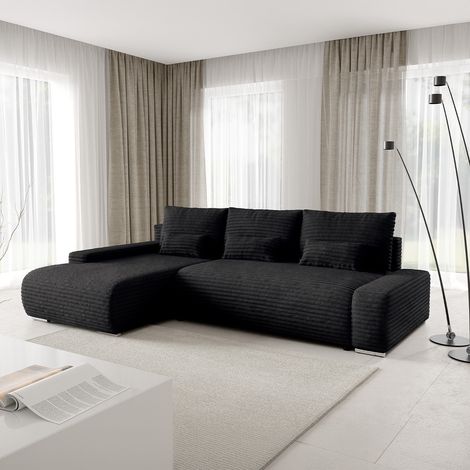 Ecksofa links umbaubar 3-Sitzer mit Truhe Ivana Schwarz