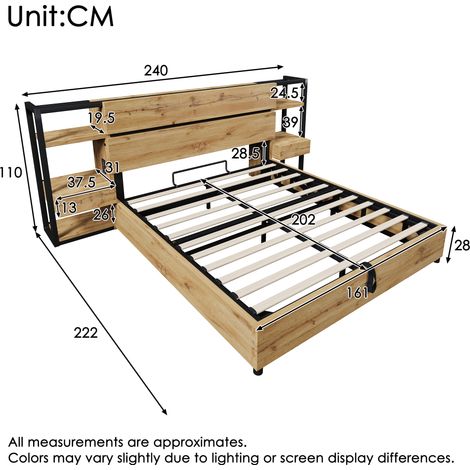 Lit double en bois 160×200cm, lit coffre hydraulique, tête de lit coffre avec tiroirs et port de chargement USB et Type-C, cadre de lit à lattes en bois, couleur chêne (sans matelas). (1/5)