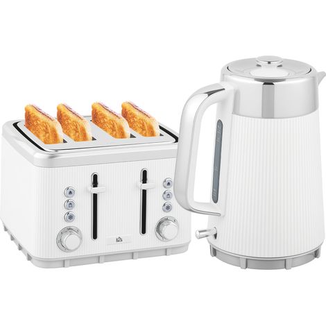 Electric Stainless Steel Kettle and Toaster Set, 3000W 1.7L UK Strix rmostat Fast Boil Kettle w/ Limescale Filter, Cool Touch Body, 4 Slice Toaster with 7 Browning Levels, White (1/5)