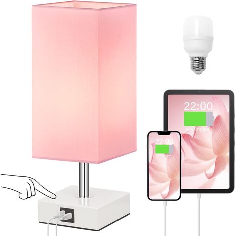 Lampe de chevet, lampe de table tactile, avec port de chargement USB A+C, variateur à trois niveaux, convient aux chambres et aux salons, abat jour en tissu rose (ampoule LED incluse).