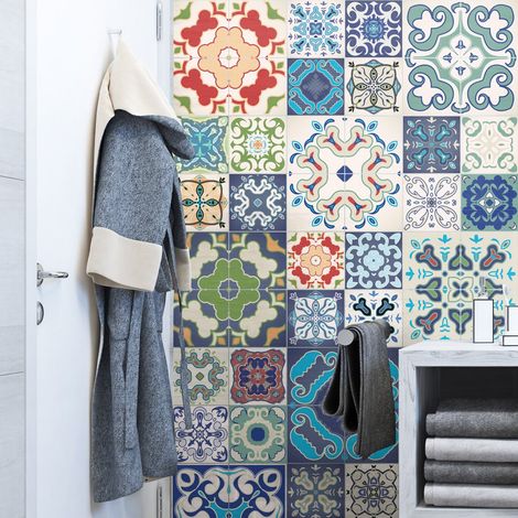 60 Stickers adhésifs carrelages Sticker Autocollant Carreaux de ciment Mosaïque carrelage mural salle de bain et cuisine Carreaux de ciment adhésif mural azulejos 15 x 15 cm 60 pièces (1/4)