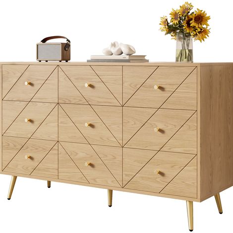 AS EASY Commode moderne à 9 tiroirs avec pieds en fer – Solution de rangement élégante pour la chambre, le salon et le couloir – Construction robuste en panneaux de particules avec d'élégants motifs g