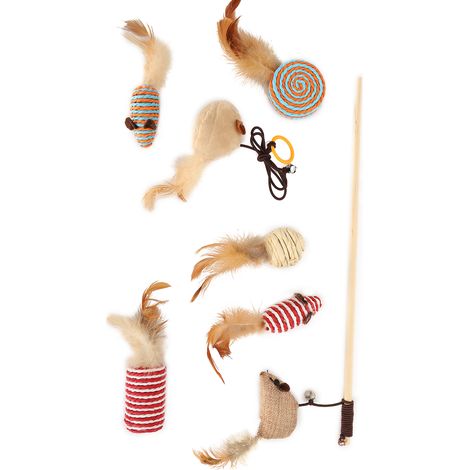 Assortiment de jouets interactifs en lin pour chatons, baguette à plumes avec souris, accessoires pour animaux de compagnie (1/5)