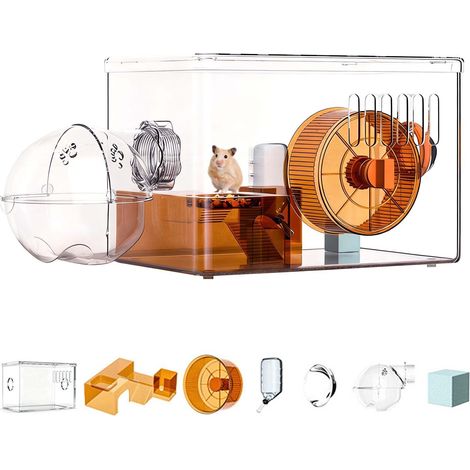 Cage pour Hamster en Acrylique Transparent 360° avec Roue Silencieuse Biberon et Bain de Sable Maison pour Petits Animaux Rongeurs (1/5)