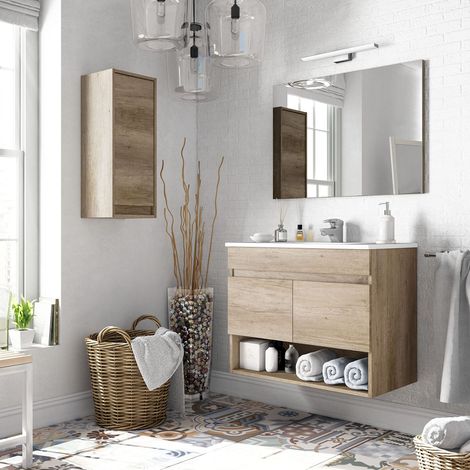 Mobiletto Bagno Sospeso Mobile Legno Con 2 Ante Ripiani e Vani Aperti Lavabo In Ceramica Con Specchio E Led Design Moderno Nordico La Brea 80 x 45 x 64 Cm Rovere - Misura: Mobile Lavabo e Specchio (1/4)