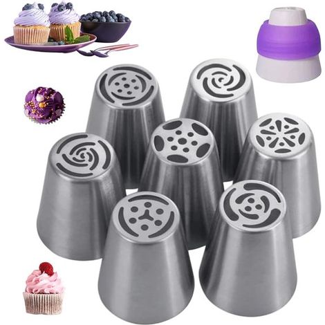 Ensemble de 7 douilles à pâtisserie réutilisables pour décorer gâteaux, pâtisseries, biscuits et autres créations pâtissières - Argent (1/5)