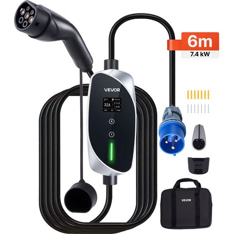 Chargeur Voiture Électrique 7,4 kW Borne de Recharge Véhicule Électrique Mobile 32 A avec Câble Recharge Type 2 6 m, Prise CEE 32 A Monophasé, Écran LCD, Courant Réglable, Boîtier Commande IP66 (1/5)