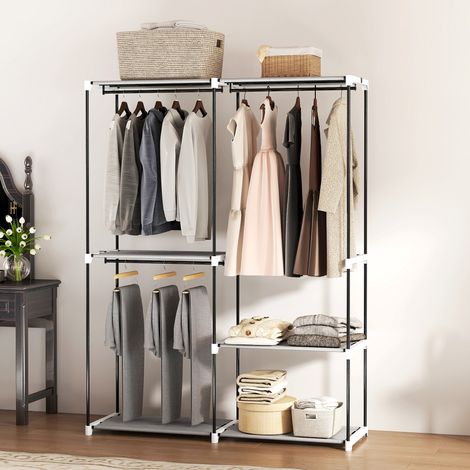 Offener Kleiderschrank mit 4 Stoffregalen, 3 Kleiderstangen, Metallrahmen, 142 x 43 x 185 cm, Hellgrau