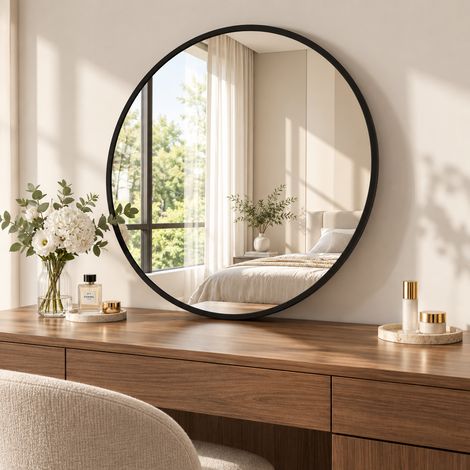Specchio Rotondo da Parete 75 cm, Specchio per Bagno, Camera da Letto e Soggiorno, Telaio in Alluminio Rinforzato Infrangibile, Vetro Temperato, Nero (1/5)