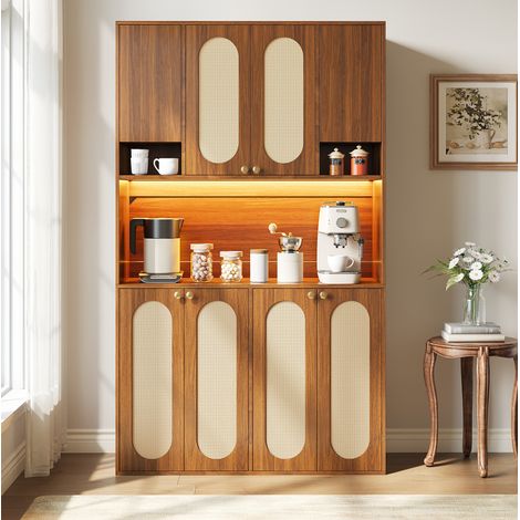Hoher Sideboard-Schrank mit PE-Rattan, Hausbar-Schrank mit farbverstellbarer LED-Beleuchtung, Aufbewahrungsschrank für Geschirr und Vorräte, Staurschrank für Esszimmer, Wohnzimmer und Diele (1/5)
