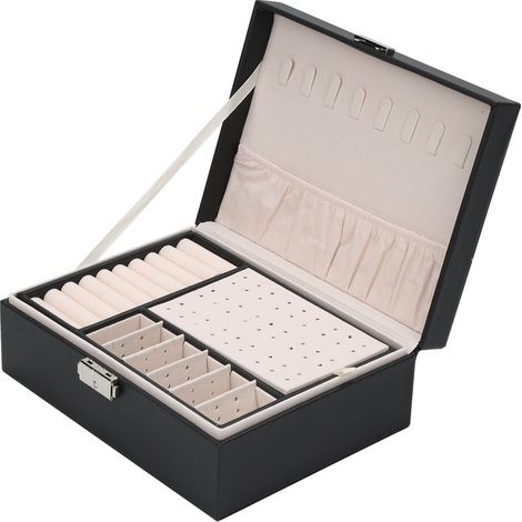 Boîte à bijoux Coffret à Bijoux en Cuir Noir de 2 Couches Organisateur à Bijoux 23x17x9 cm Boîte à Maquillage, Verrouillable (1/5)