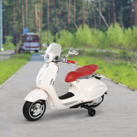 Moto eléctrica Vespa para niños, 6V, Dimensiones: 108 cm de largo x 49 cm de ancho x 75 cm de alto, Música, Claxon, 2 ruedas auxiliares, Edades 3-6, Blanco