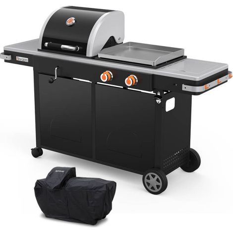 BRASERO BY FAVEX – Plancha gaz et barbecue charbon  Bi‑Energy L – Housse de protection incluse – 2 x 3,6 kW –  plaque inox 49 x 42 cm – grille 48 x 42 cm - Réglage charbon par manivelle – 12 convives