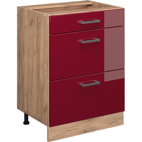 Mueble bajo de cocina R-Line, Rojo Burdeos alto brillo, 60 cm con cajones, sin encimera, Vicco