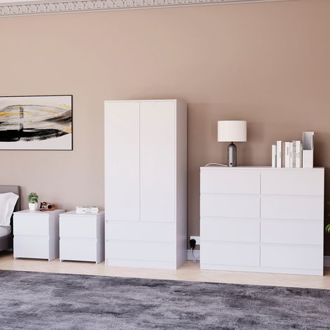 4 Piece Denver Bedroom Set, 2 Drawer Large Bedside Chest x2, 8 Drawer Chest, 2 Door 2 Drawer Wardrobe, White (1/2)