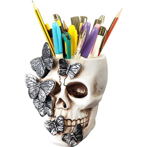 Pot à crayons en forme de tête de mort, pot à pinceaux de maquillage en forme de tête de mort, support de rangement de salle de bain, décorations