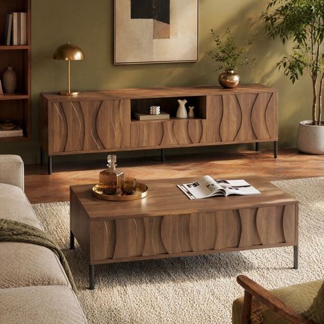 REDOM Wohnzimmermöbel Set, 160x35x46 cm und 105x55x41 cm, Wellenmuster, Stauraum, MDF, Natur (1/5)