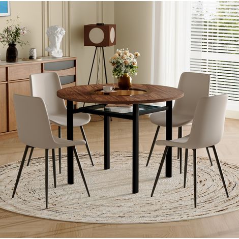 Set da pranzo con tavolo rotondo e 4 sedie, MDF effetto legno marrone, vetro e metallo nero, seduta in PU grigio caldo, Ø100 cm (1/5)