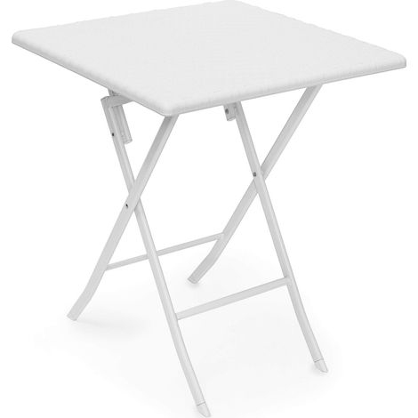 Relaxdays Table pliante de jardin carrée HxlxP 74 x 61,5 x 61,5 cm Camping pliable en aspect rotin Terrasse. blanc (1/5)