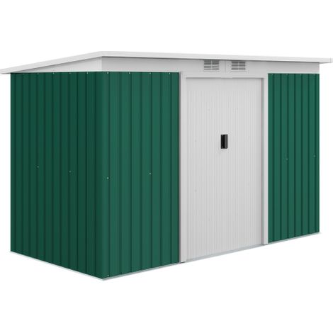 Abri de jardin vert foncé 280 x 130 x 172 cm avec porte coulissante, fenêtre d'aération et toit pentu, en acier pour l'extérieur – 1 pièce, livraison sur place (1/5)